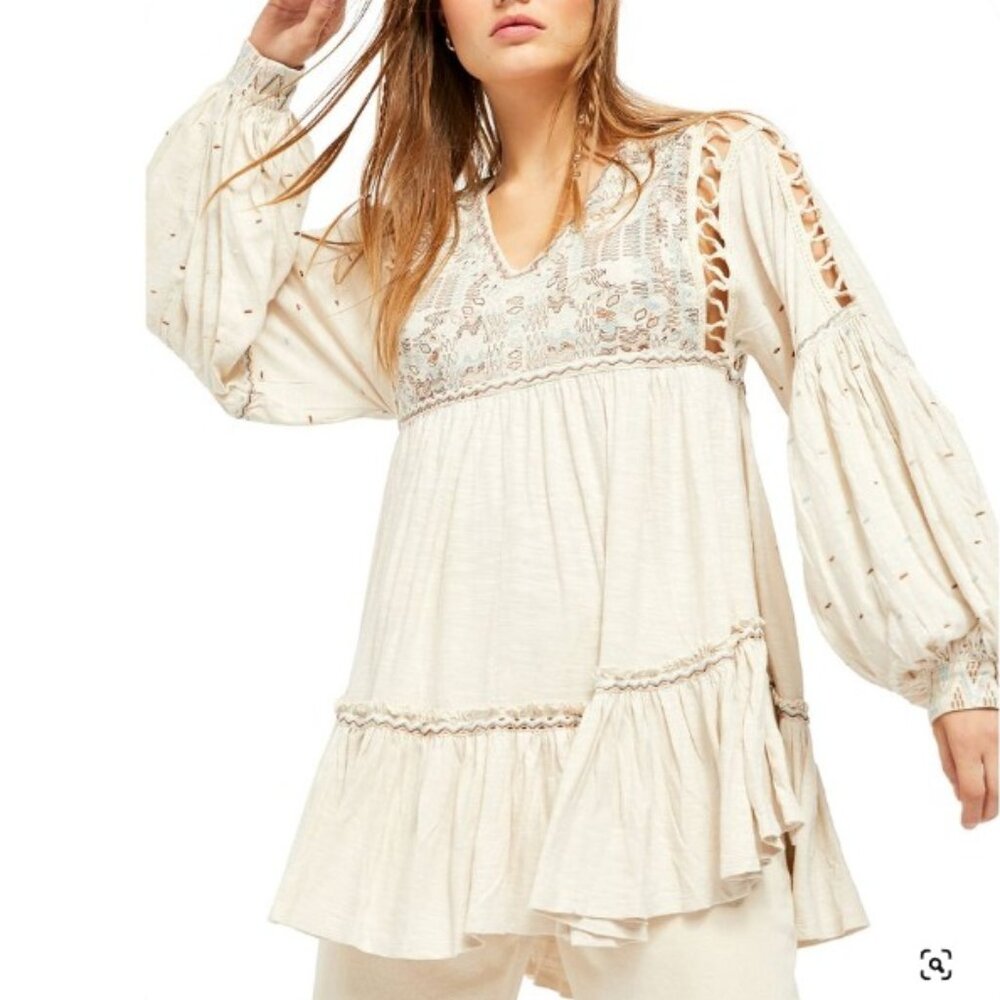 Free People Much Love Embroidered Oatmeal Tunic Top Size Medium